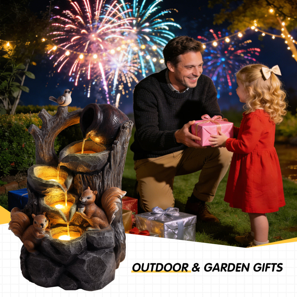 Squirrel Resin Water Fountain with LED Lights Outdoor Decor
