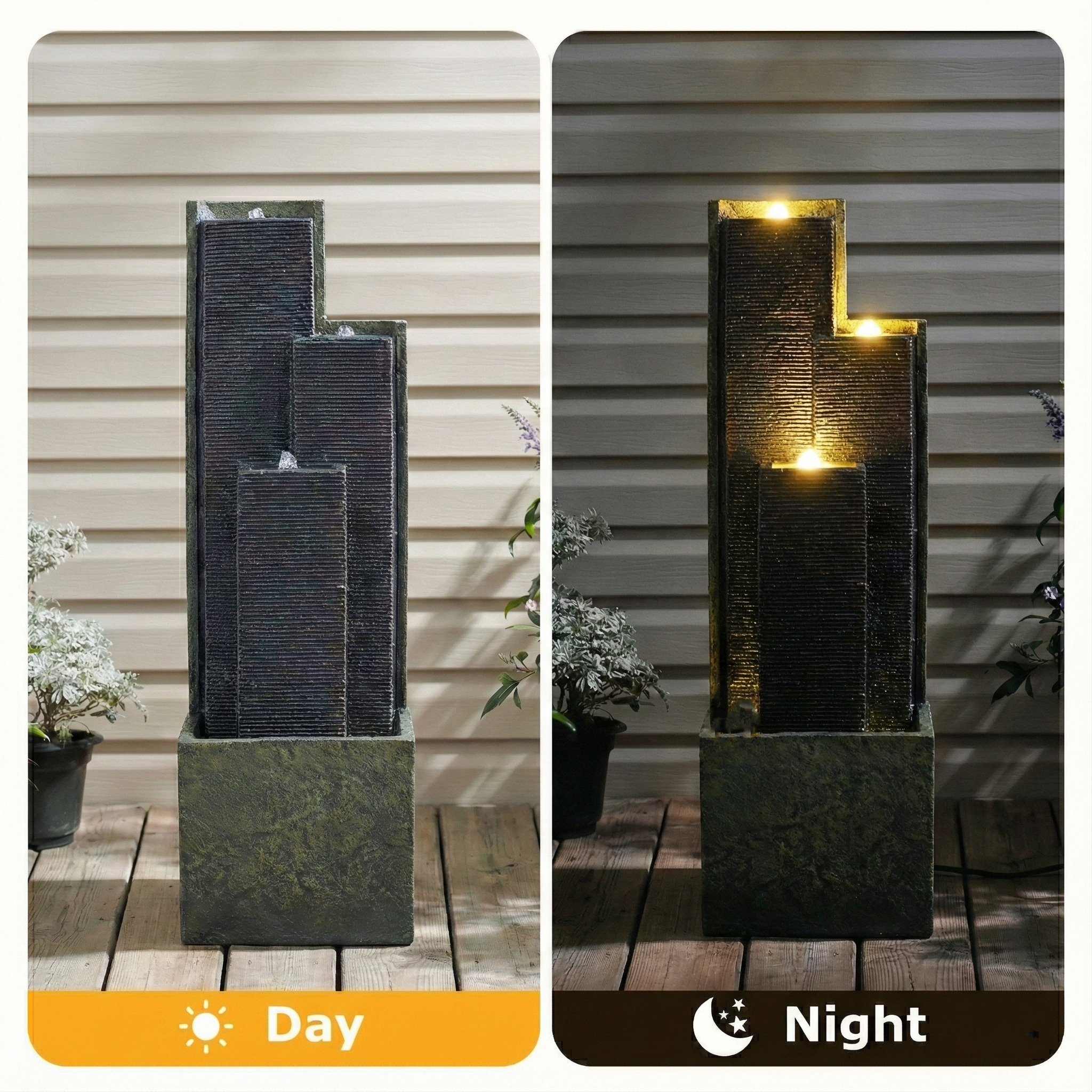 Modern Outdoor Cascading Water Fountain with LED Lights 39-Inch