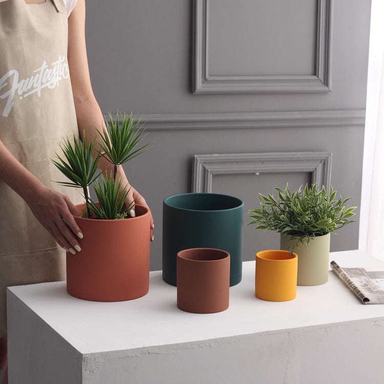 Nordic Ceramic Cylindrical Flowerpot Succulent Planter with Tray