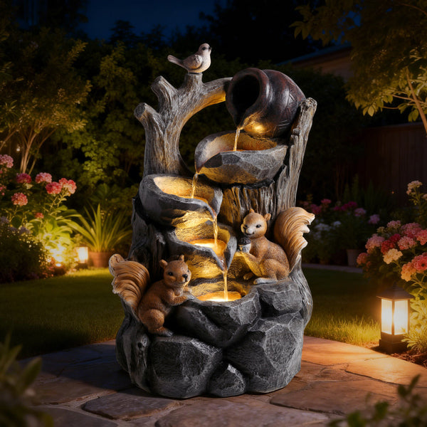Squirrel Resin Water Fountain with LED Lights Outdoor Decor