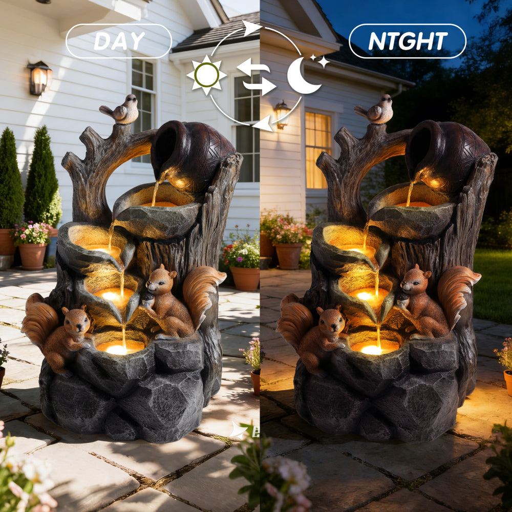 Squirrel Resin Water Fountain with LED Lights Outdoor Decor
