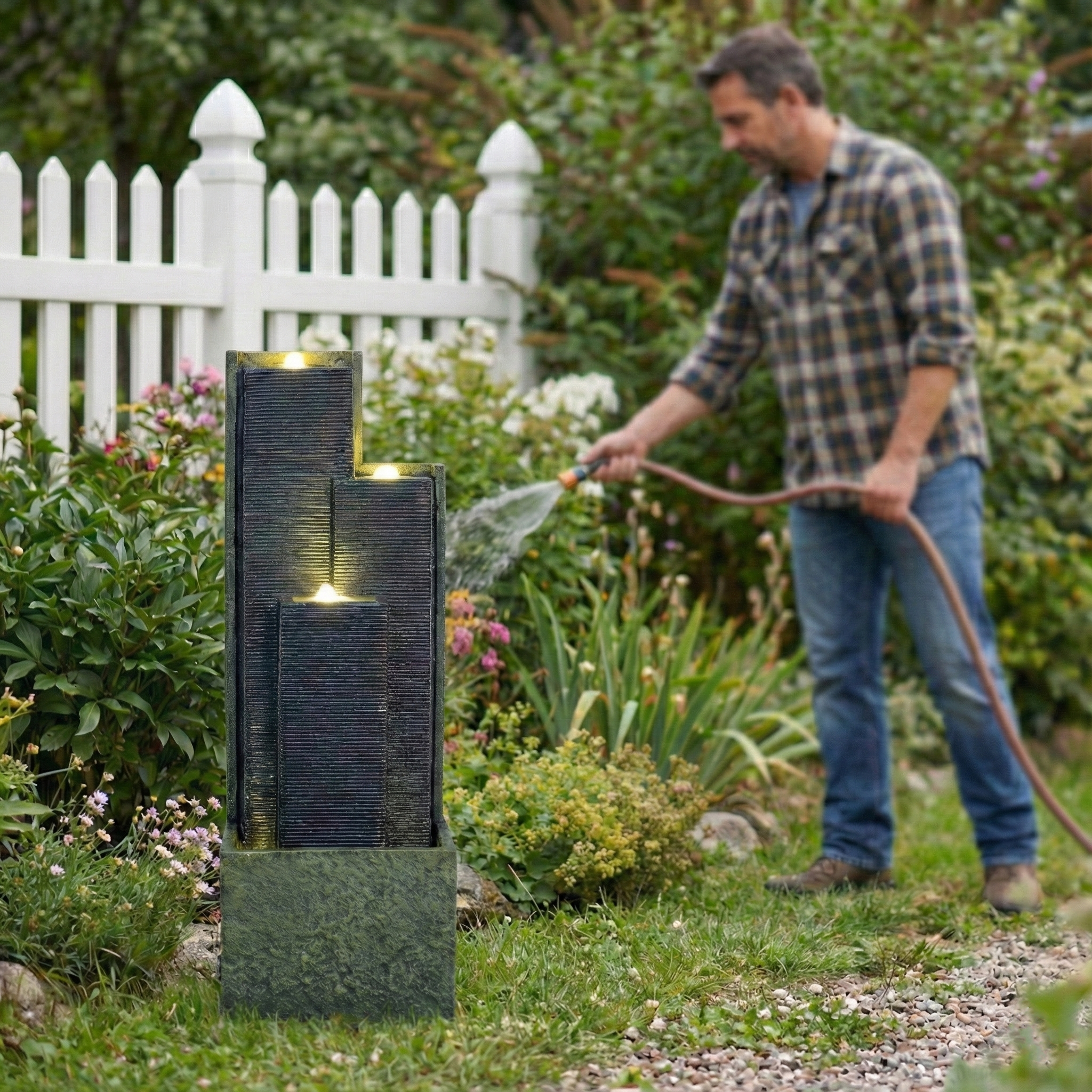 Modern Outdoor Cascading Water Fountain with LED Lights 39-Inch