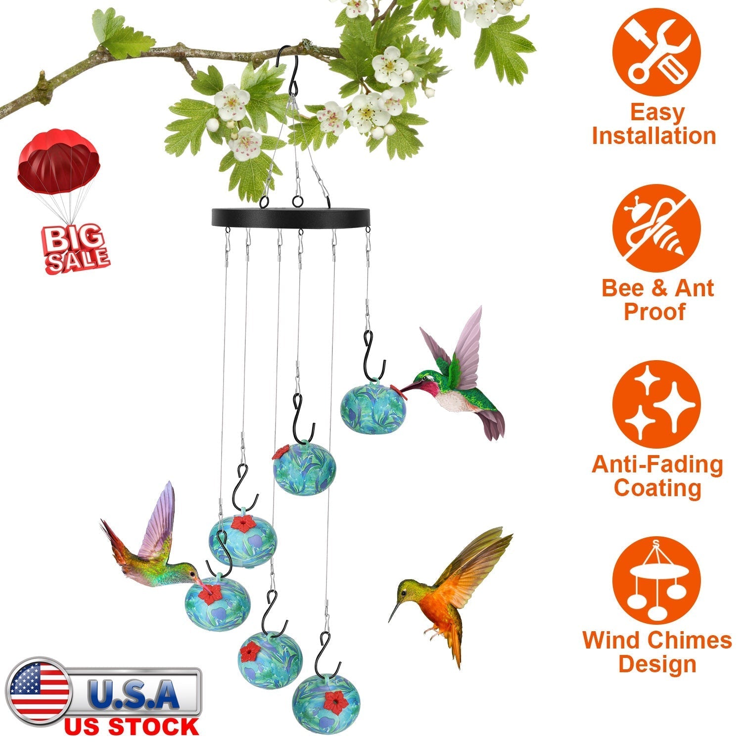 Hummingbird Feeder Wind Chime Ant-Proof Outdoor Hanging Decor