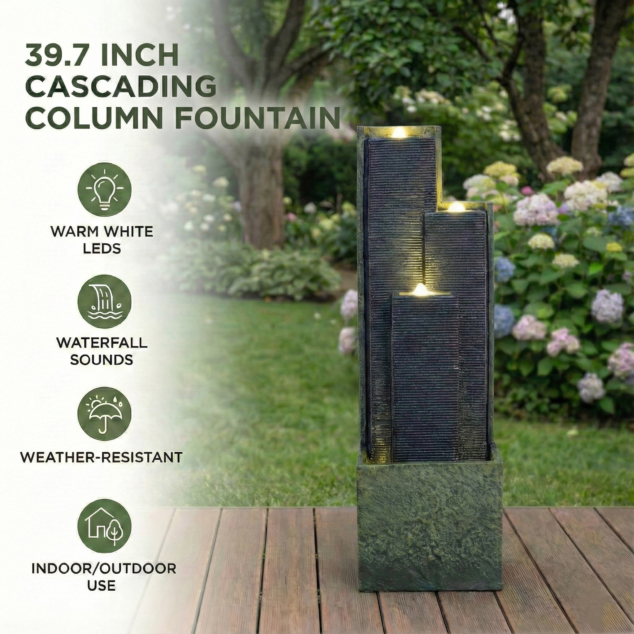 Modern Outdoor Cascading Water Fountain with LED Lights 39-Inch