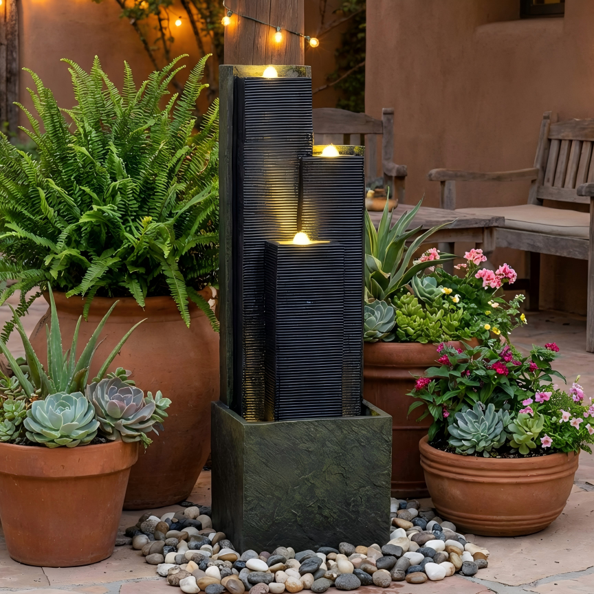 Modern Outdoor Cascading Water Fountain with LED Lights 39-Inch