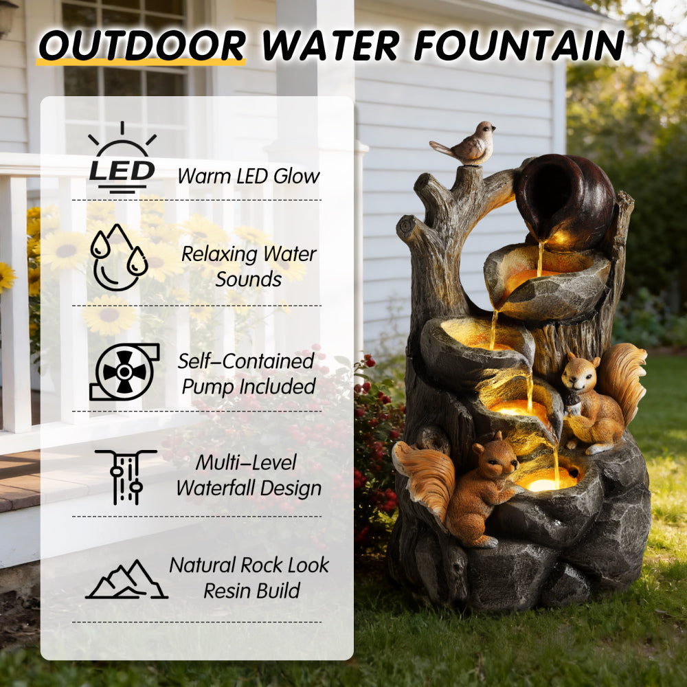 Squirrel Resin Water Fountain with LED Lights Outdoor Decor