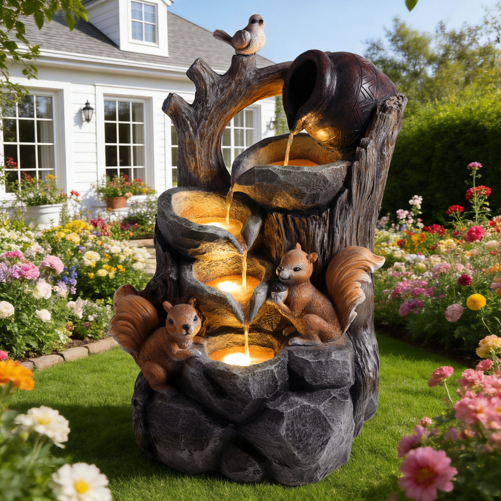 Squirrel Resin Water Fountain with LED Lights Outdoor Decor