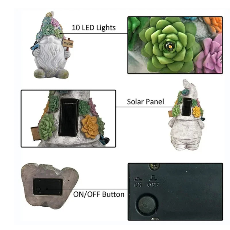 Solar LED Wizard Gnome Garden Statue Welcome Decor Figurine