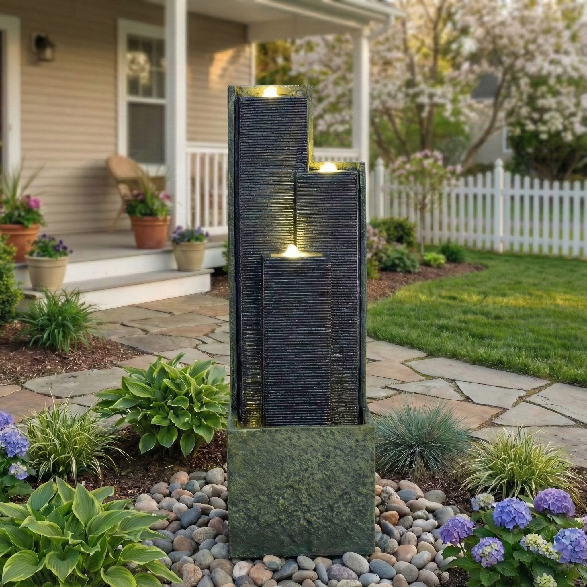 Modern Outdoor Cascading Water Fountain with LED Lights 39-Inch