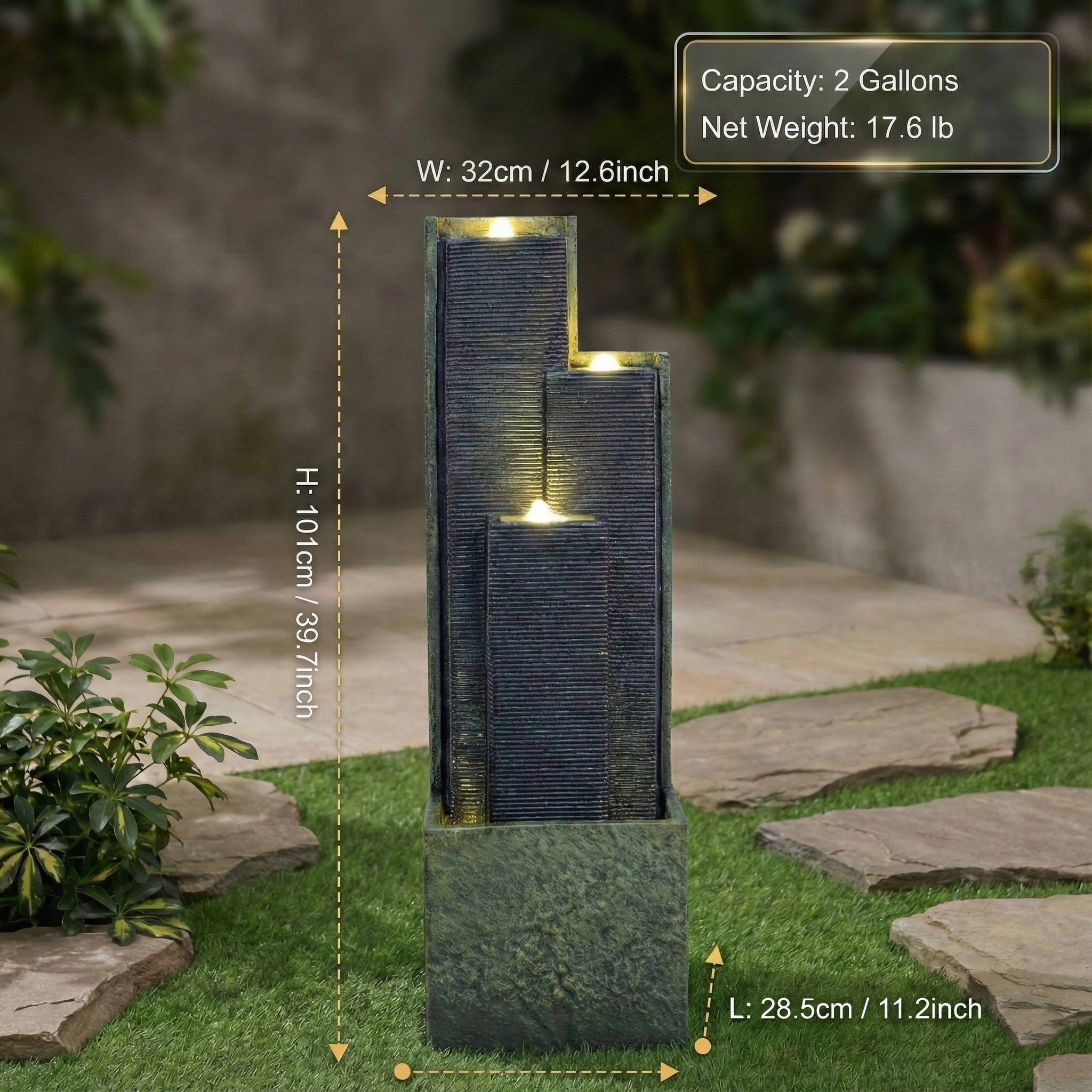 Modern Outdoor Cascading Water Fountain with LED Lights 39-Inch