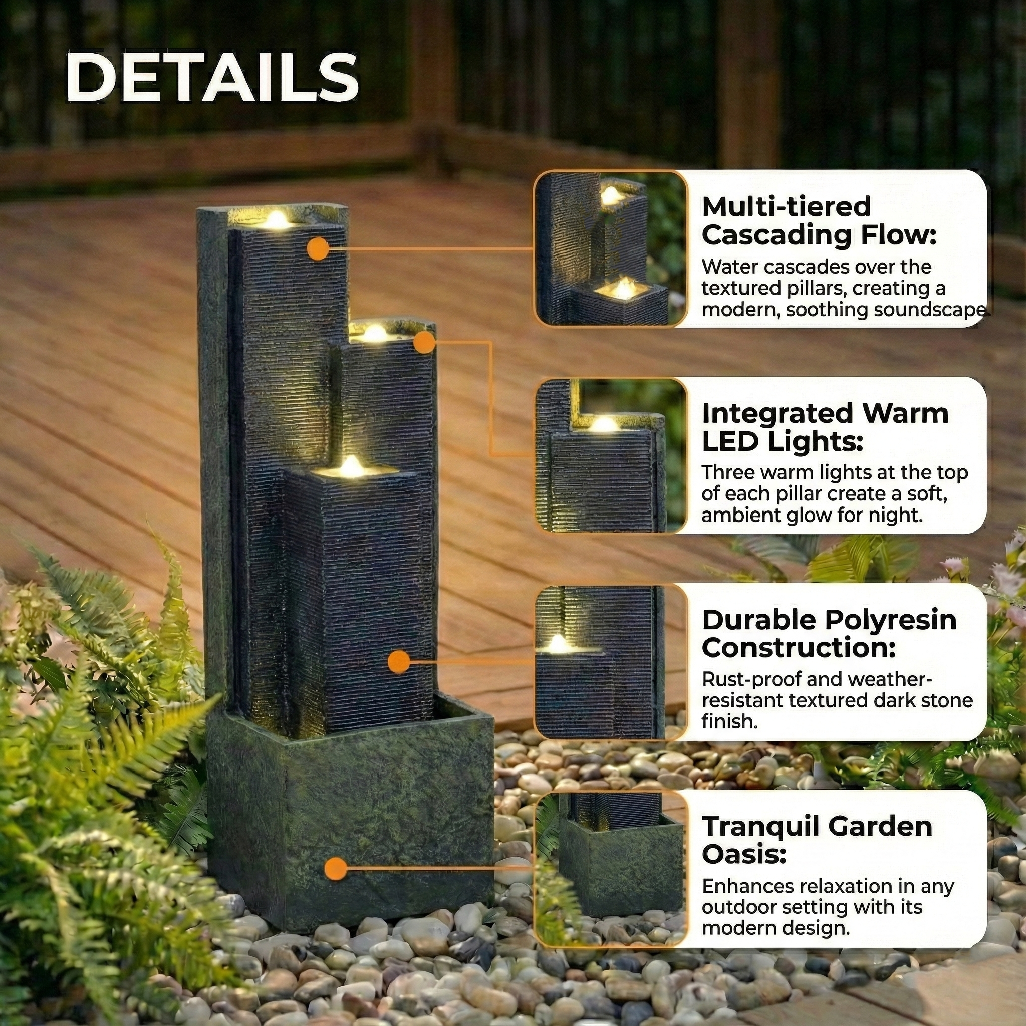 Modern Outdoor Cascading Water Fountain with LED Lights 39-Inch