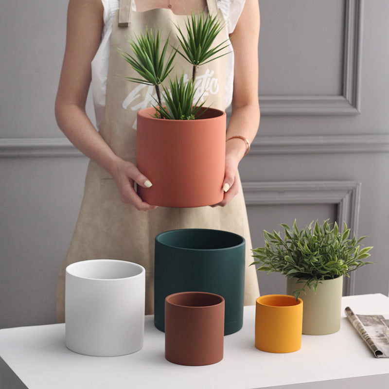 Nordic Ceramic Cylindrical Flowerpot Succulent Planter with Tray