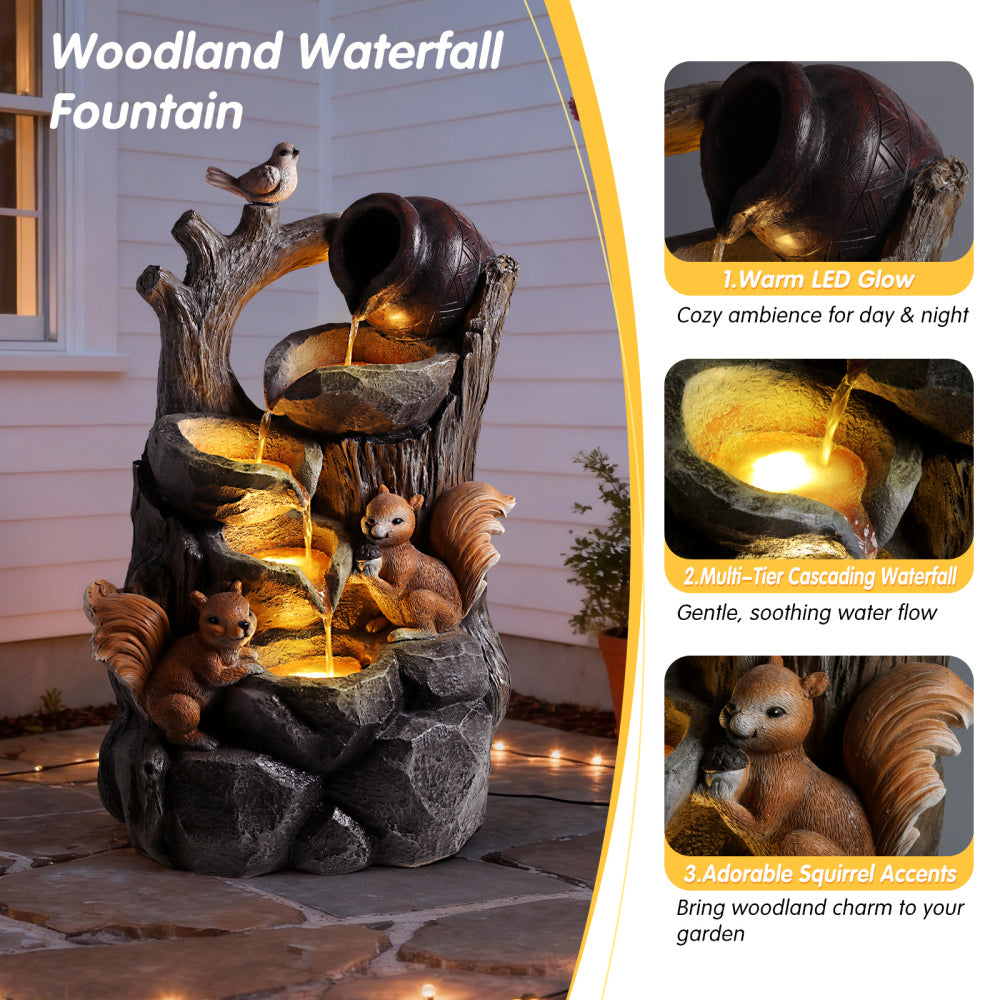 Squirrel Resin Water Fountain with LED Lights Outdoor Decor