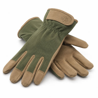 Pair of green and brown gloves on a white background