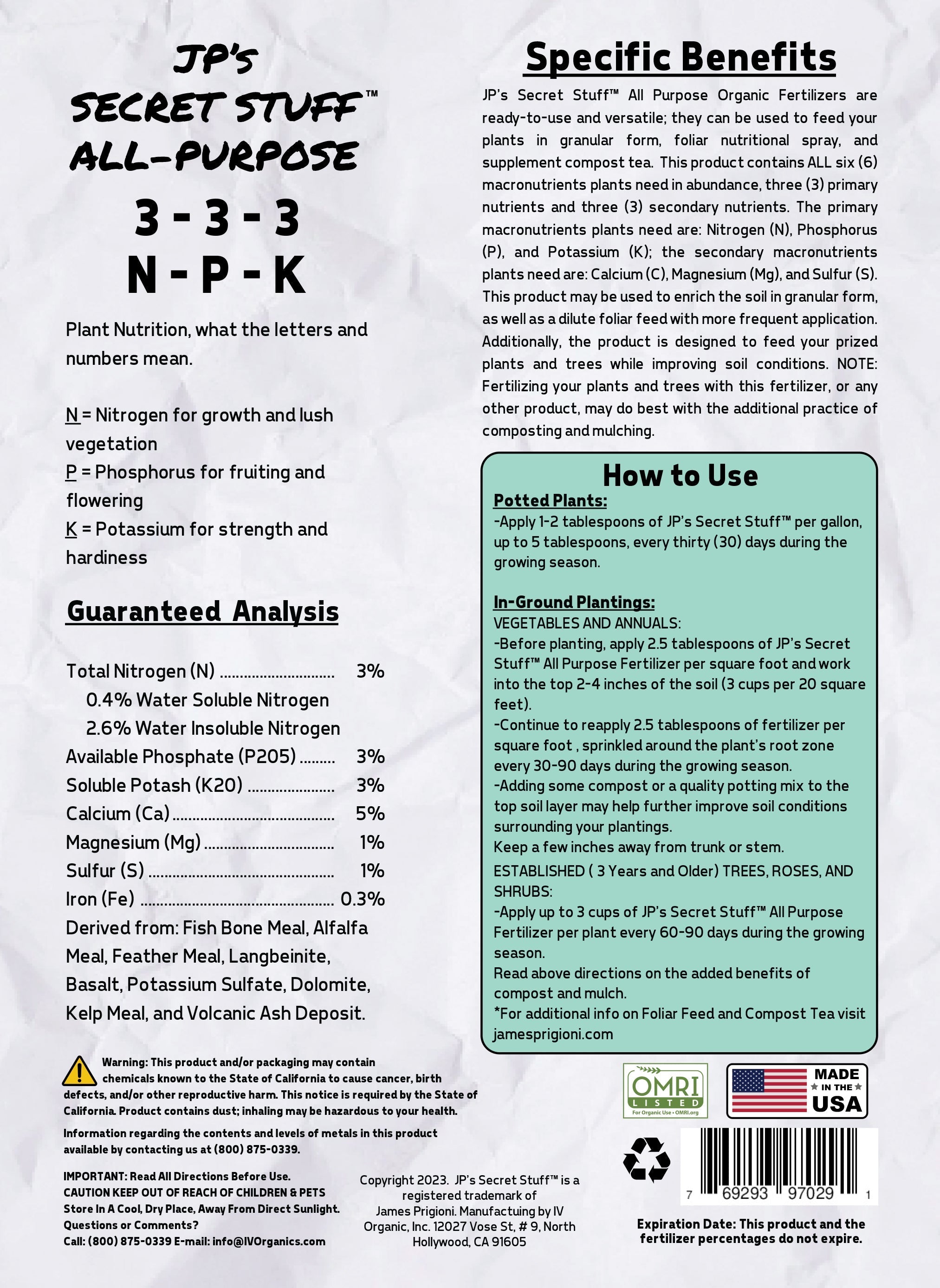 Organic Fertilizer 3-3-3 OMRI Certified