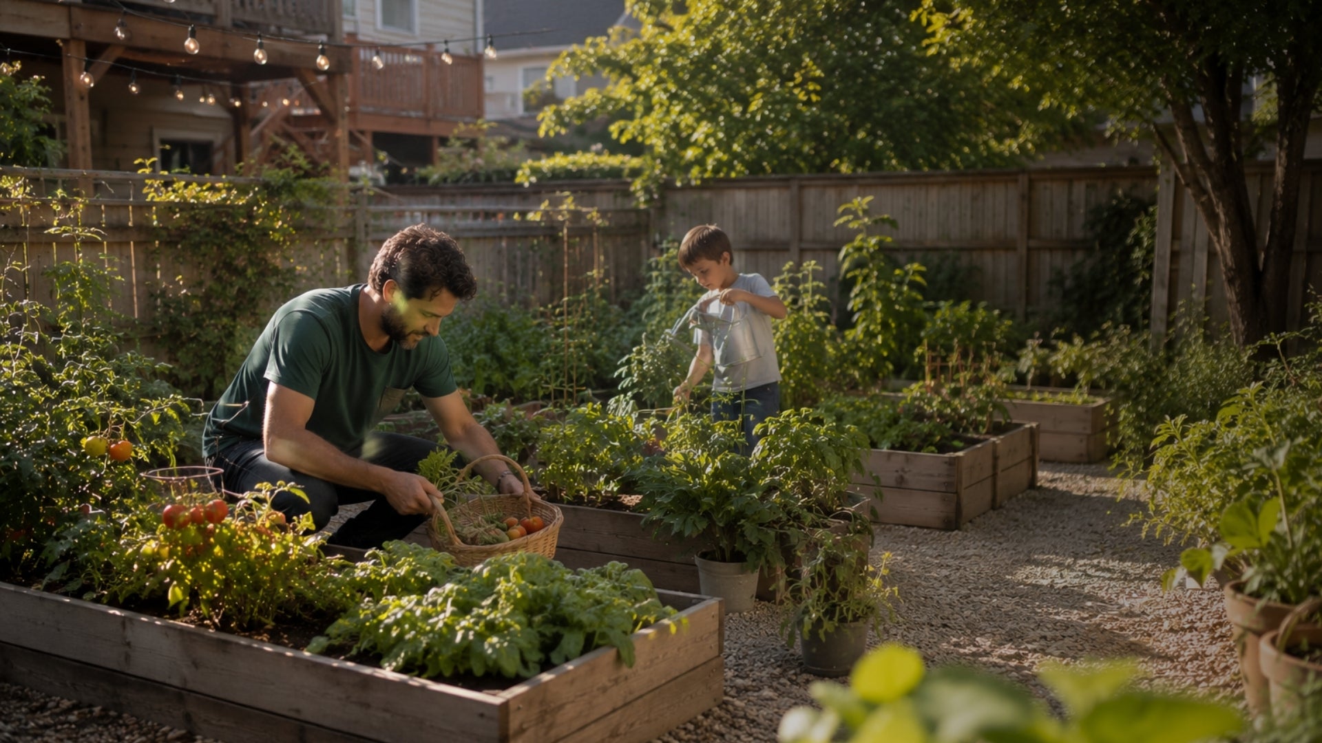 Man and child tending to a garden with raised beds in a backyard setting.