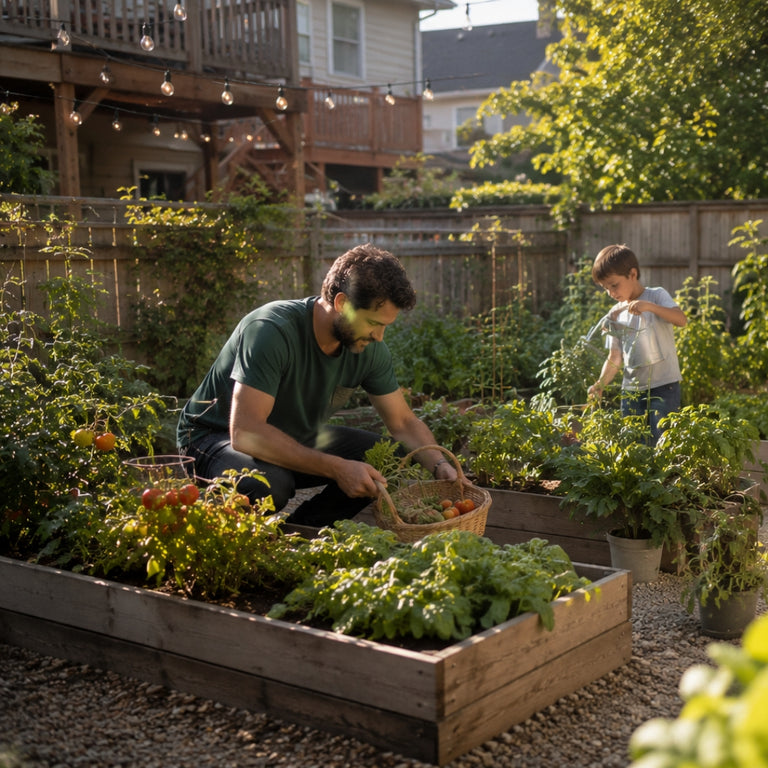 Man and child tending to a garden with raised beds in a backyard setting.