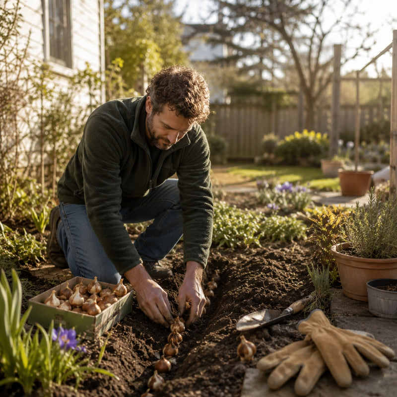 Man planting bulbs in a garden with gardening tools and gloves nearby.