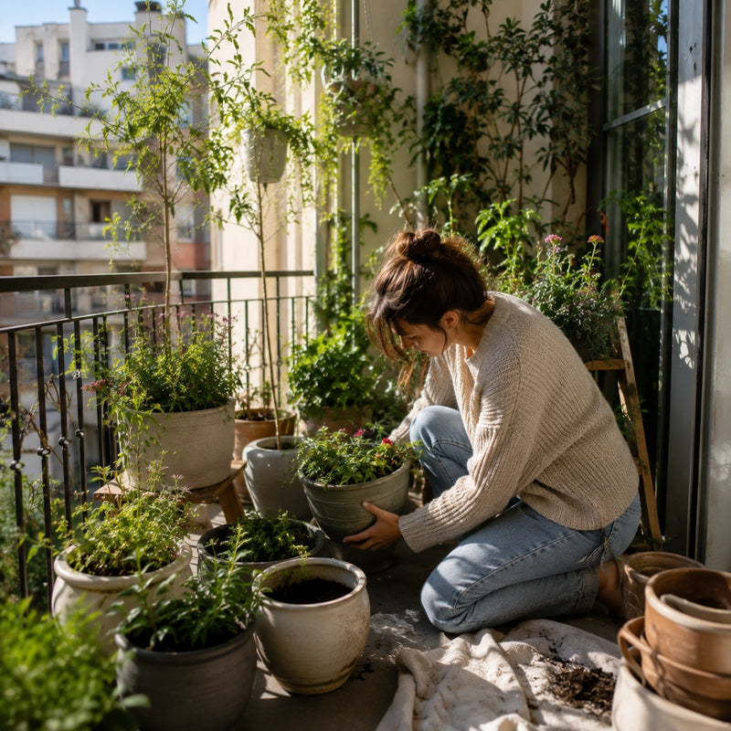 Person tending to plants on a balcony with urban buildings in the background