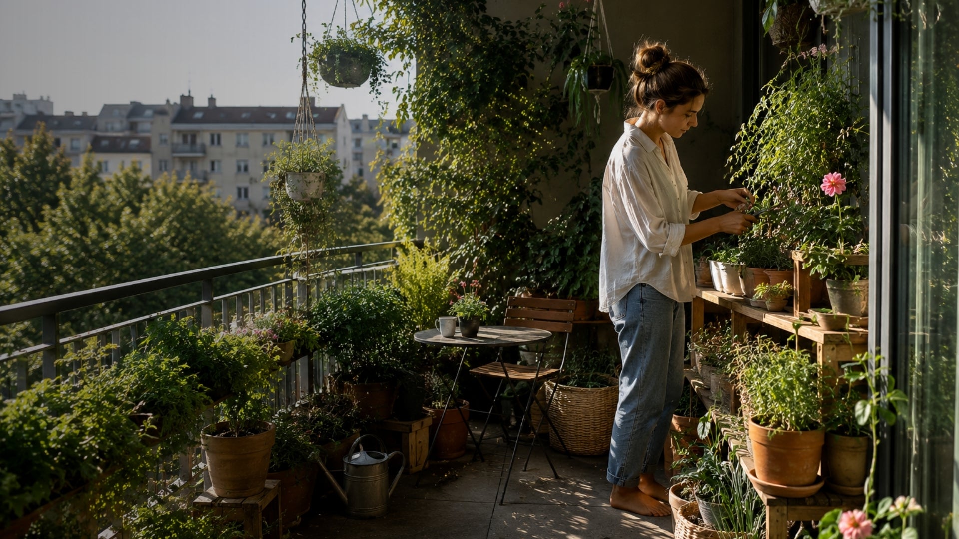 Woman tending to plants on a balcony with cityscape in the background