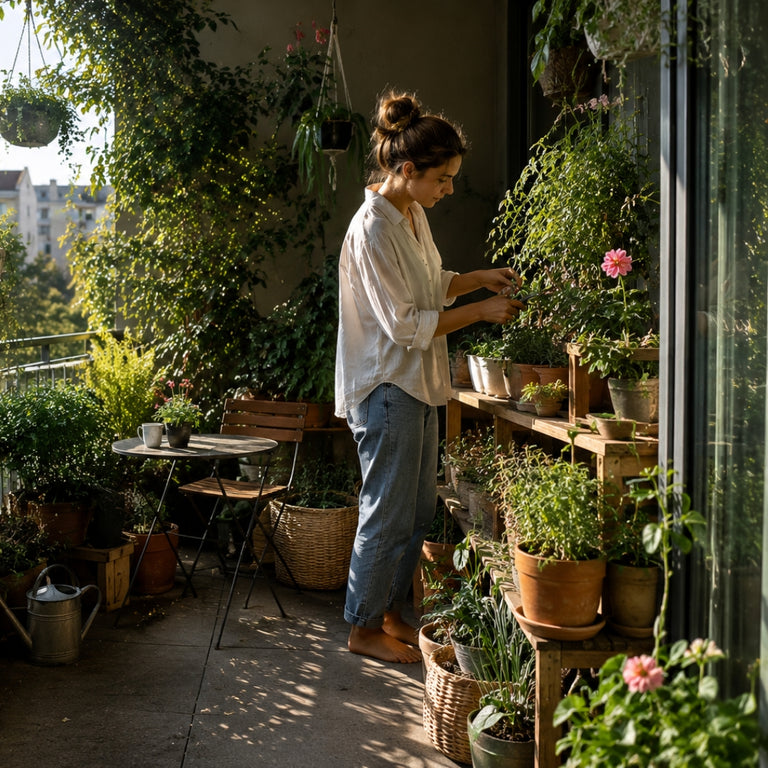 Woman tending to plants on a balcony with cityscape in the background