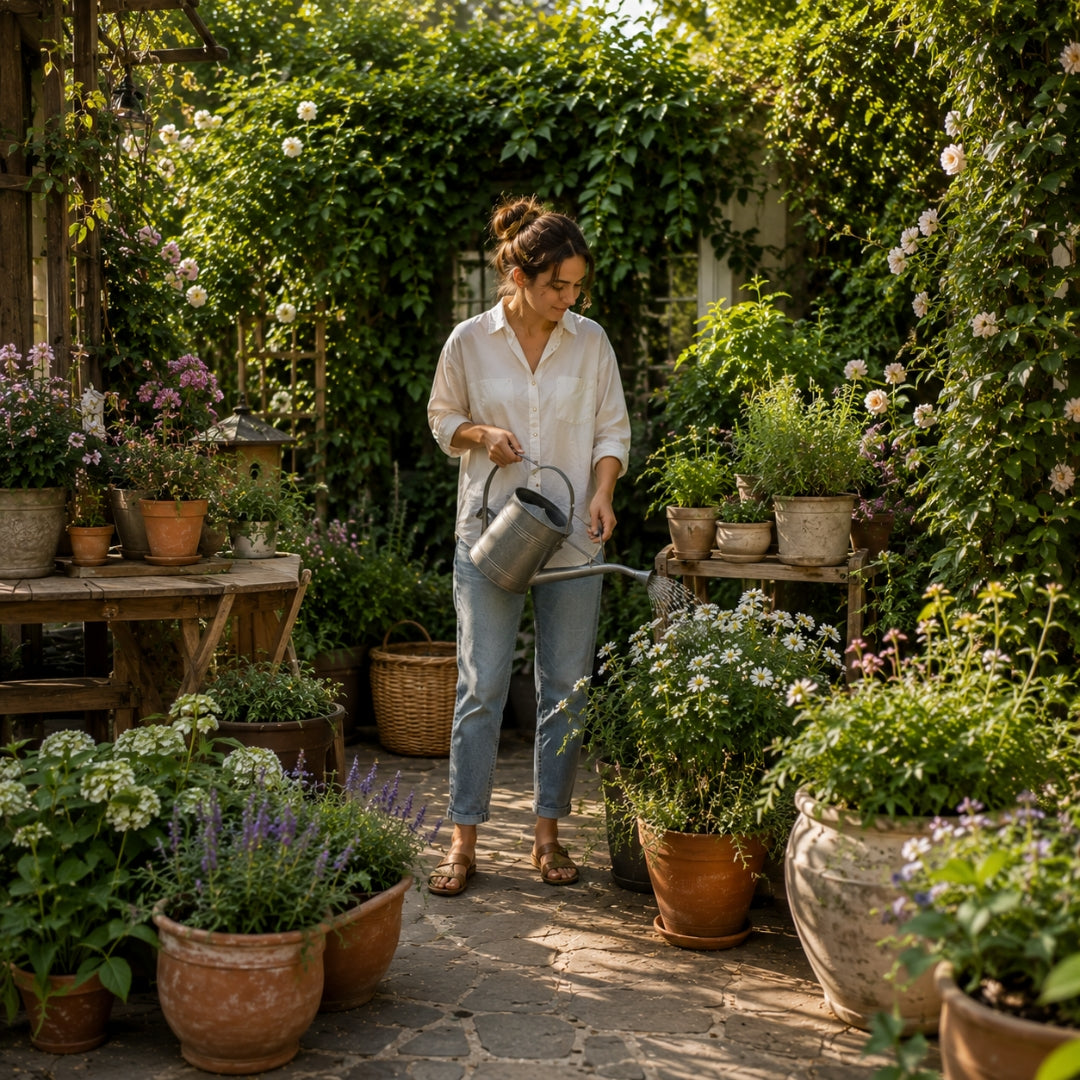 Woman watering plants in a garden filled with various potted plants.